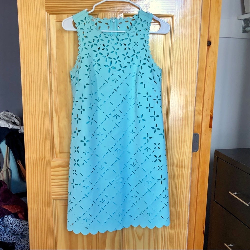 Summer J. Crew laser cut scalloped edge aqua dress